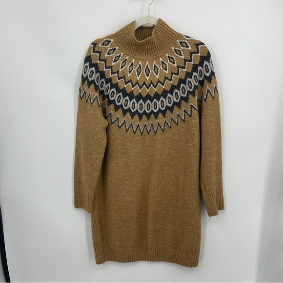 GAP Dresses & Skirts - Gap Fair Isle mini Sweater knit Dress, tan gray white Sz M mock neck long sleeve